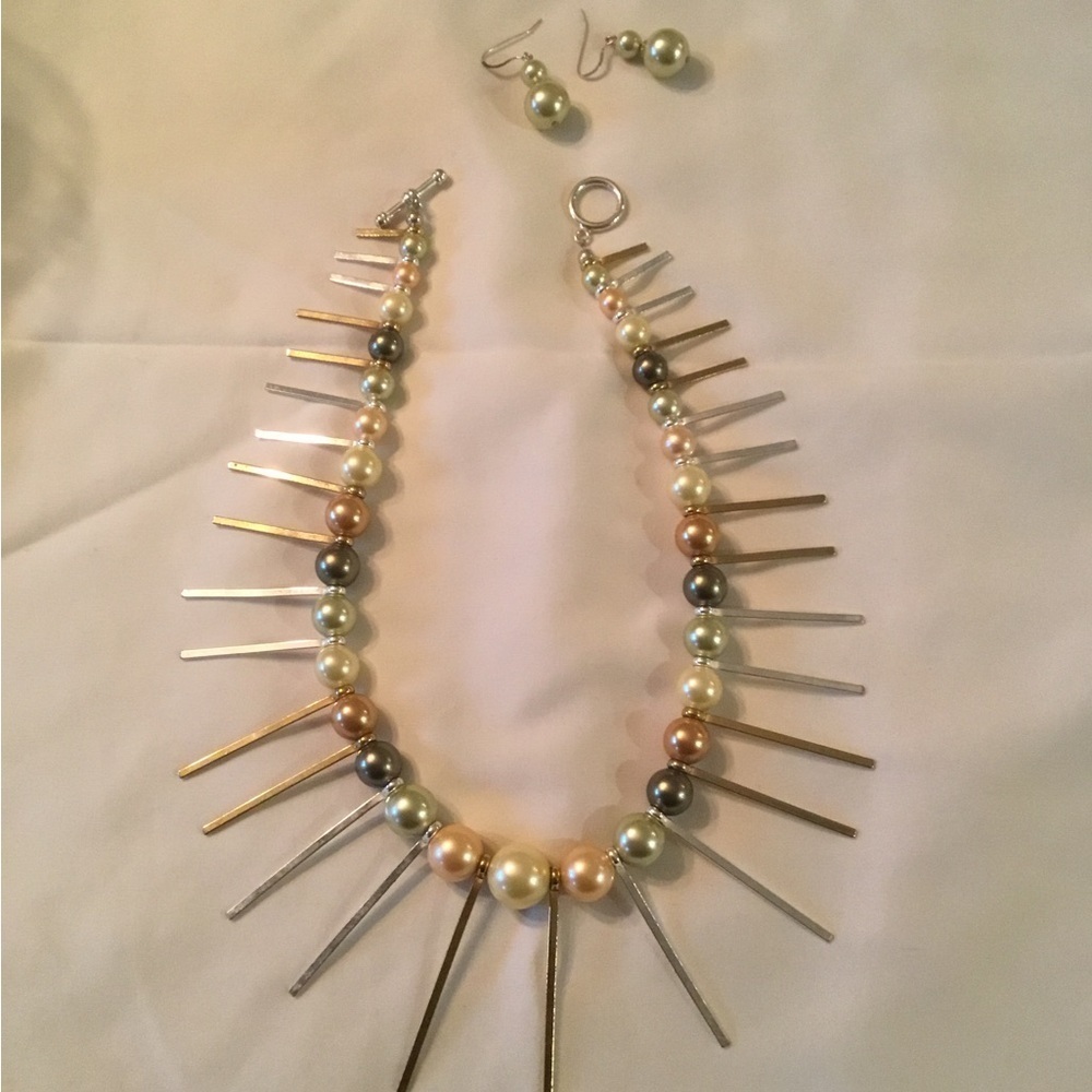 Chic Pearl and Metal Bar Necklace Set